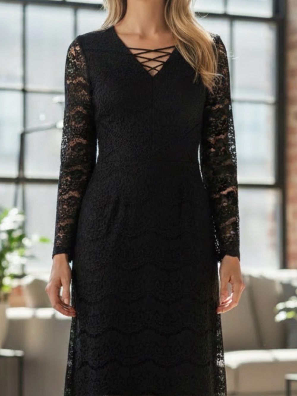 Black lace overlay long sleeve midi dress size small